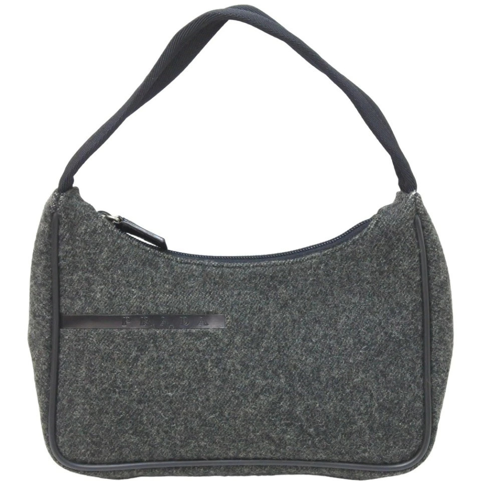 Prada Hobo Bag Handbag Wool Calf Leather Gray Black